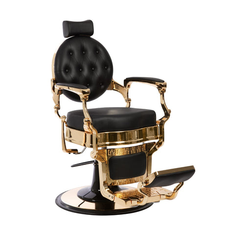 Silla de barbería urbana de cuero negra con estructura de oro.