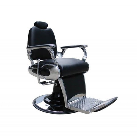 Silla barbero piel negra con acabados metalicos.