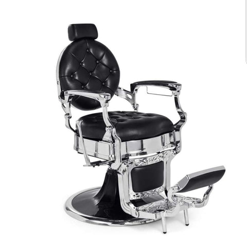 Silla de barbería Negra brillante con estructura color plata.