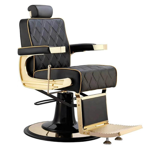 Silla de barbería de Cuero Negro Cosido con estructura de ORO.