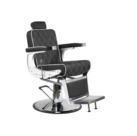 Silla de barbería de cuero cosido negro con estructura de plata.